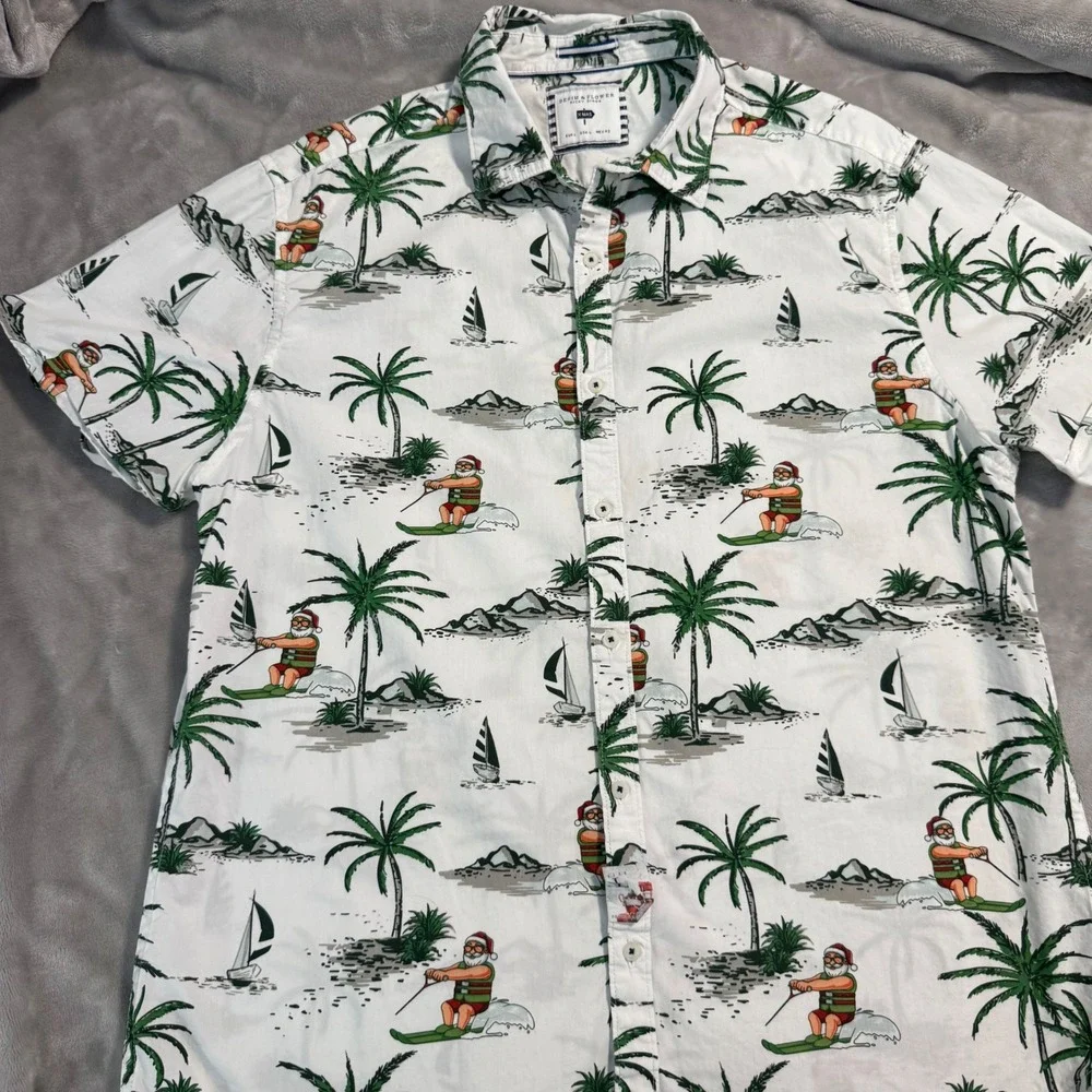Denim & Flower Surfing Santa Holiday Shirt Men's L Tropical‎ Christmas Palm Tree